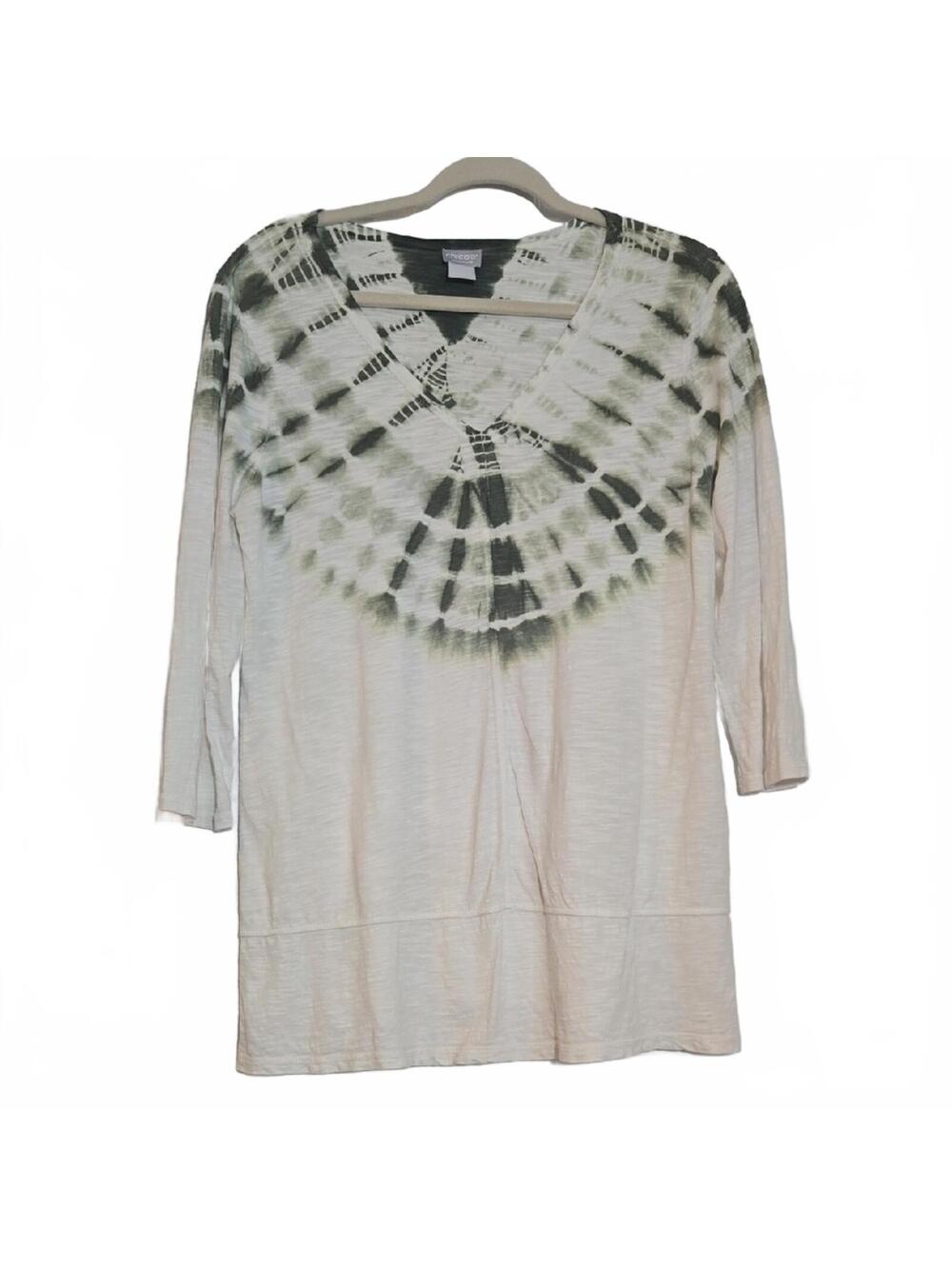 Zenergy By Chicos Green White V-Neck Tie-Dye Long Sleeve Tunic Small Chicos 0
